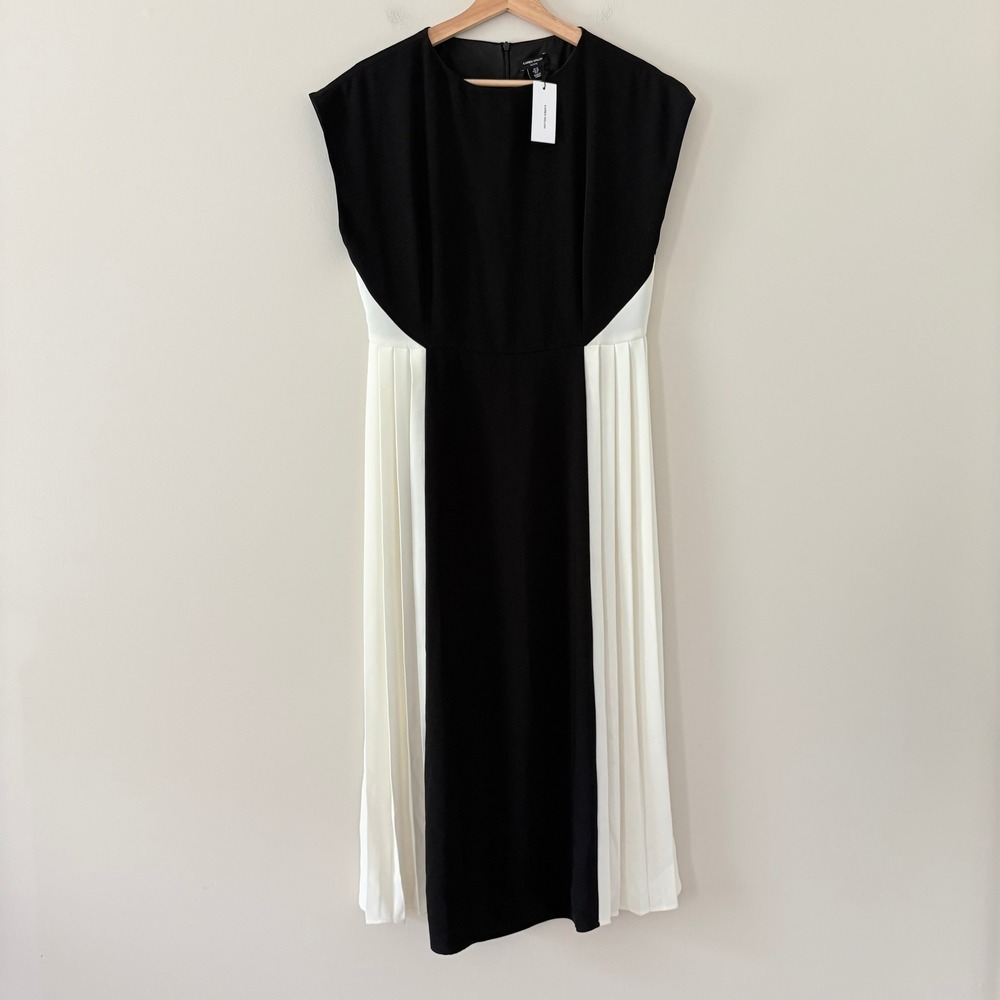 Karen Millen Dress Petite Contrast Pleated Panel Skirt Midi 8 Black Ivory Mono - Picture 16 of 16